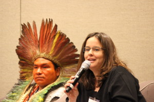 Dr. Bia Labate translates for Yawa Bene (left) during the Ayahuasca panel